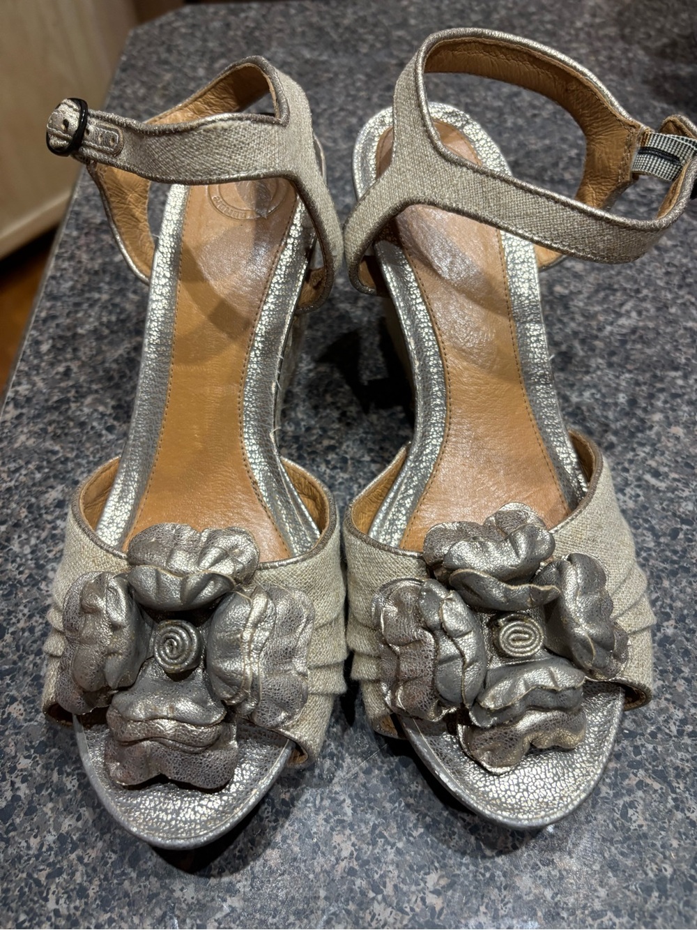 Nurture by Lamaze Metallic Taupe Floral T-Strap Wedges